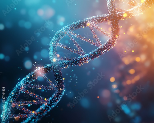 Glowing DNA Spiral Structure on Gradient Background, Representing Science and Technology 3D Rendering