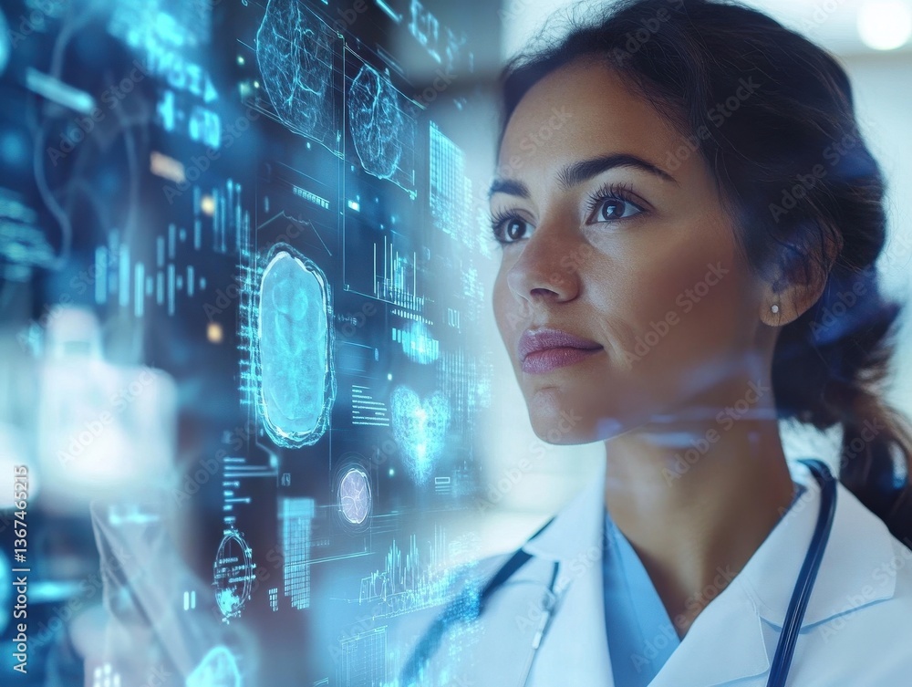 Focused Female Doctor Reviewing Medical Data on Futuristic Interface Focused Female Doctor Reviewing Medical Data on Futuristic Interface