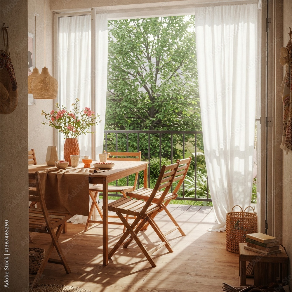 Obraz premium Simple composition terrace interior table chairs brown tablecloth