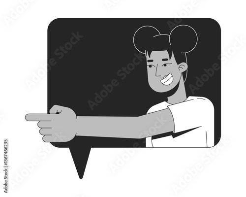 Laughing black woman pointing left in speech bubble 2D line character. Mocking teasing grinning african american female text message isolated vector ink outline person. Monochromatic spot illustration