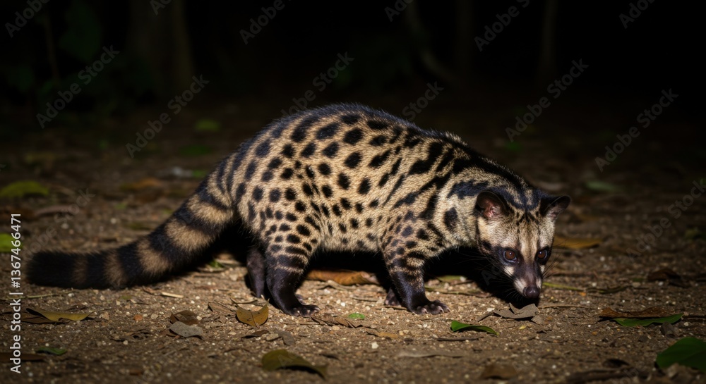 Naklejka premium Night Wildlife Photography Asian Palm Civet Hunting at Night