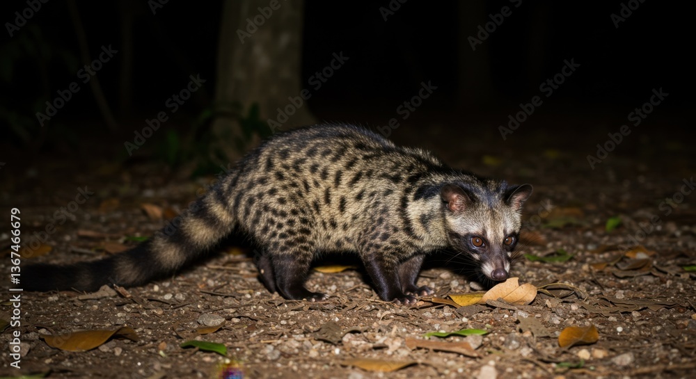 Nighttime Asian Palm Civet Exploring Jungle Floor Nighttime Asian Palm Civet Exploring Jungle Floor