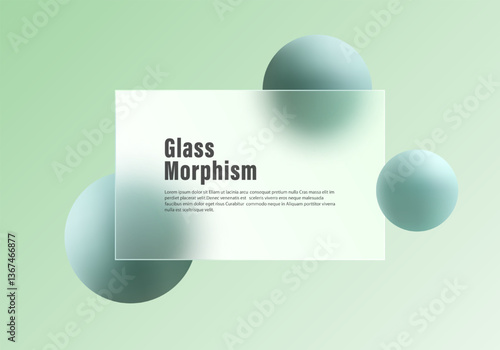 Gradient vector abstract background with information panel and 3D spheres in menthol color. Website login page template in glass morphism style.
