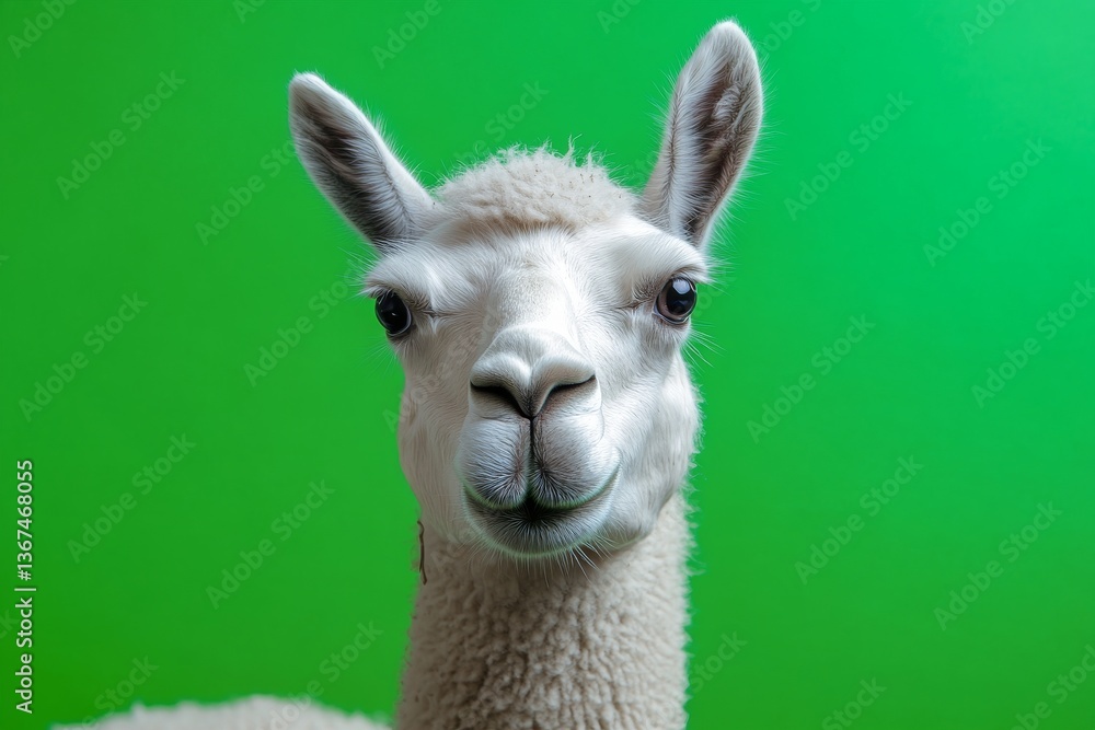 Obraz premium A white llama animal looking directly at the viewer on green
