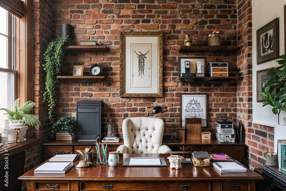 Fototapeta premium Stylish Classic Office Design Featuring Cozy Brick Walls and Tidy Desk Essentials