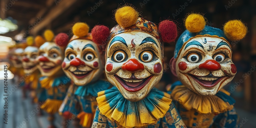 Many smiling clown faces are lined up in a straight row Many smiling clown faces are lined up in a straight row