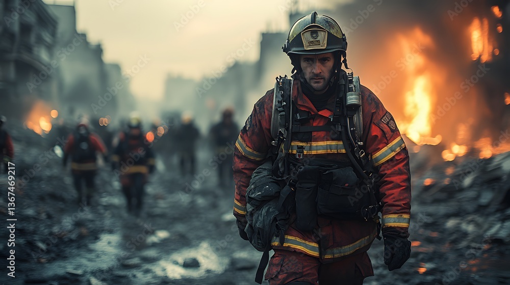 A firefighter carrying a survivor from the rubble of a collapsed building after a massive earthquake strong emotional expression detailed environment cinematic storytelling A firefighter carrying a survivor from the rubble of a collapsed building after a massive earthquake strong emotional expression detailed environment cinematic storytelling