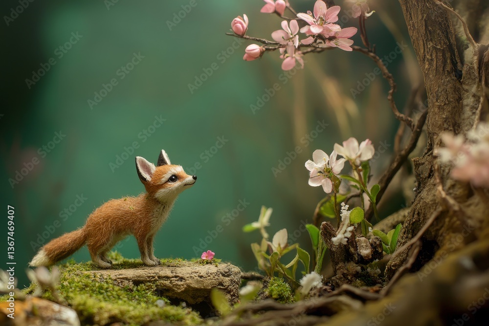 Obraz premium A charming fox stands near blooming flowers in a miniature setting