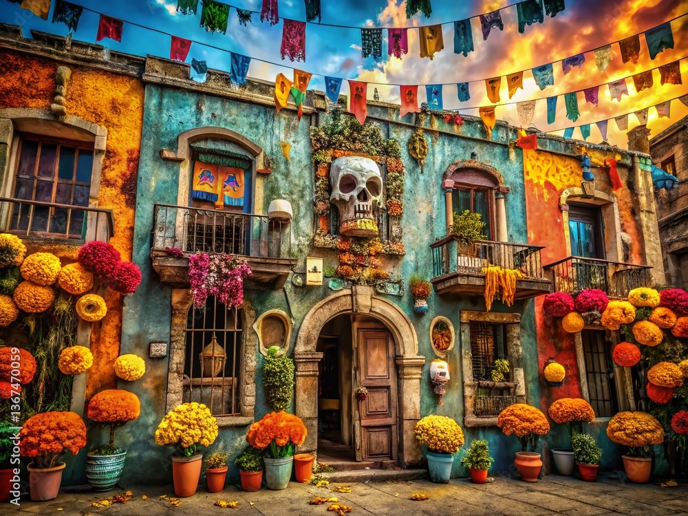 Fototapeta premium Day of the Dead Urban Exploration: Crumbling Building, Sugar Skulls, Festive Altars