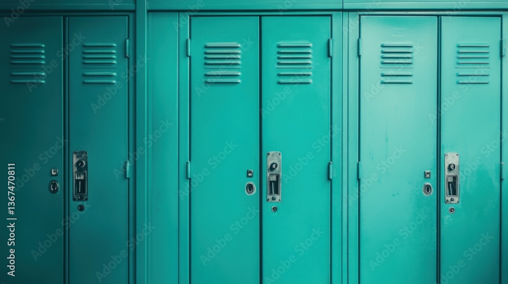 Fototapeta premium Bright turquoise school lockers lined up in a row, showcasing unique design and texture of metal surfaces, reflecting retro style and vibrant school spirit