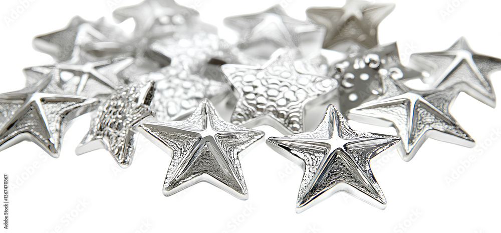 Obraz premium Star-shaped discs in silver plate with a domed design on a transparent background png 