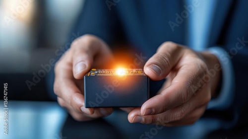 Close up of a hand holding a smartphone with a bright glowing screen symbolizing the power of digital technology innovation and breakthrough solutions