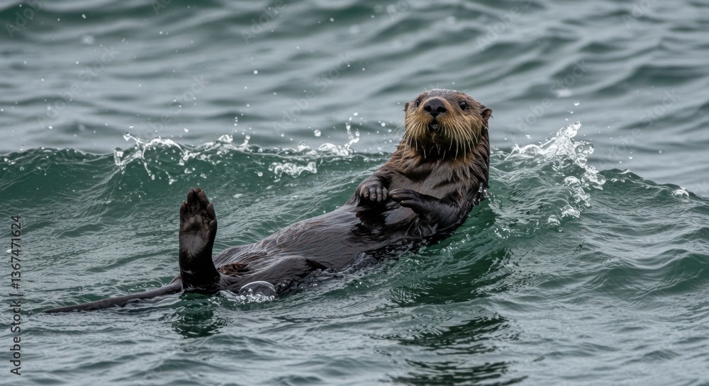 Fototapeta premium Sea Otter Floating on Ocean Waves