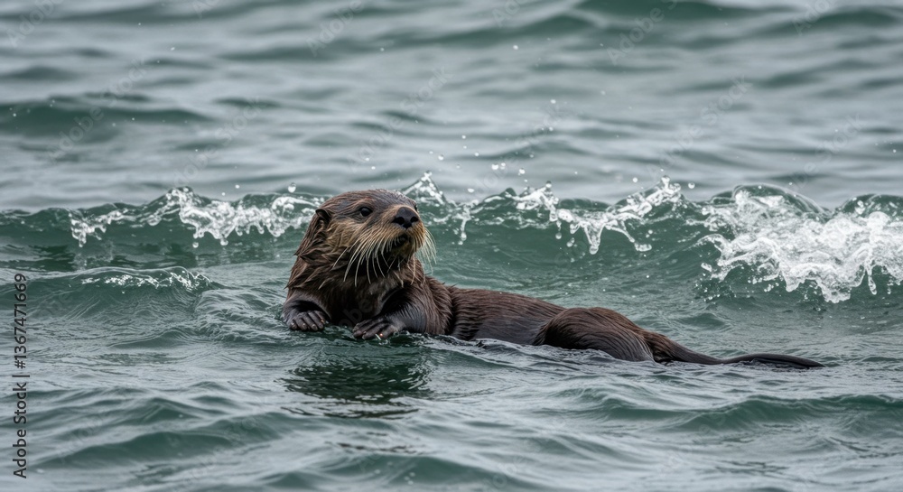 Fototapeta premium Sea Otter Swimming in Ocean Waves