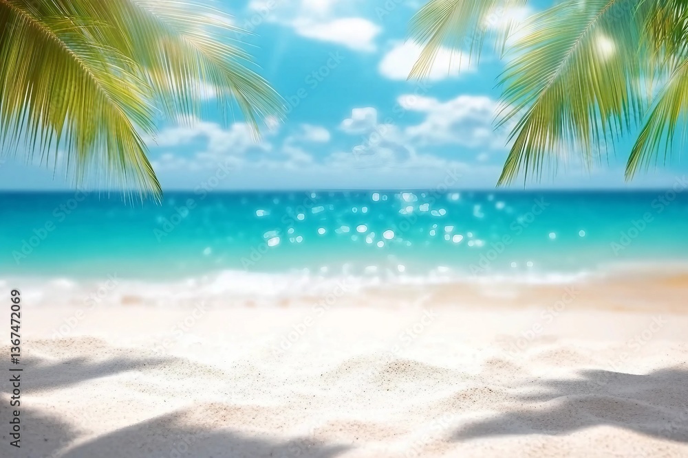 Fototapeta premium Tropical white sand beach Summer background with green palm leaf