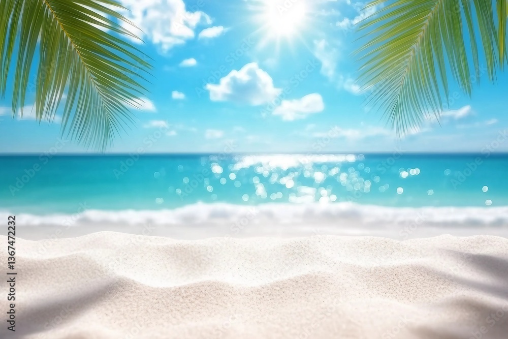 Fototapeta premium Tropical white sand beach Summer background with green palm leaf