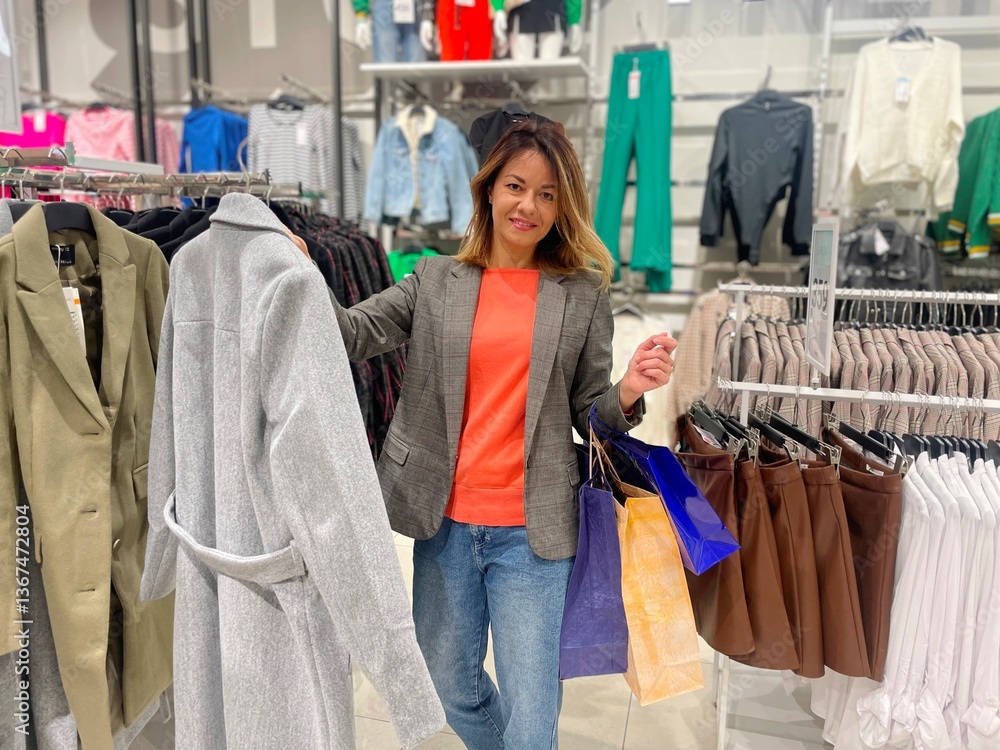Happy Caucasian beautiful woman on shopping indoor in shopping center with bags looking at camera showing coat. Female in fashion store choosing clothes. Buyer concept Happy Caucasian beautiful woman on shopping indoor in shopping center with bags looking at camera showing coat. Female in fashion store choosing clothes. Buyer concept