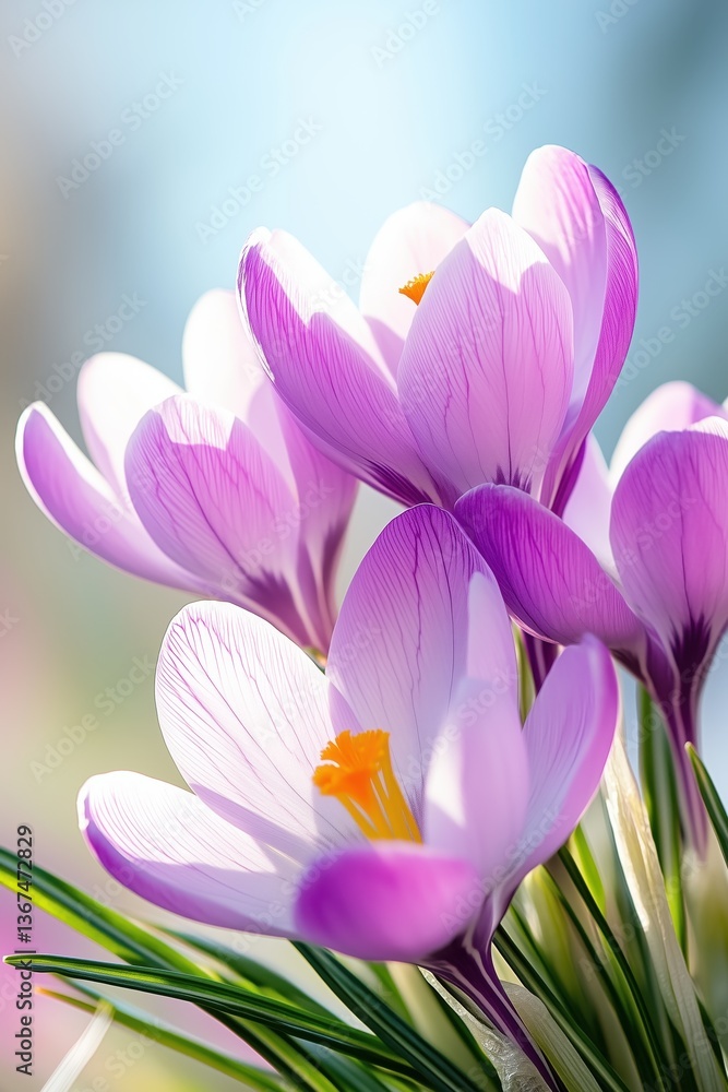 Fototapeta premium Blooming Purple Crocuses in Spring Sunshine