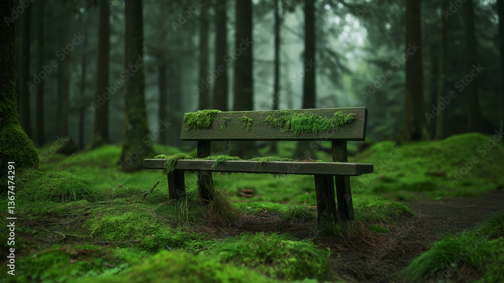 Moss-covered bench in a serene forest with mist and greenery Moss-covered bench in a serene forest with mist and greenery