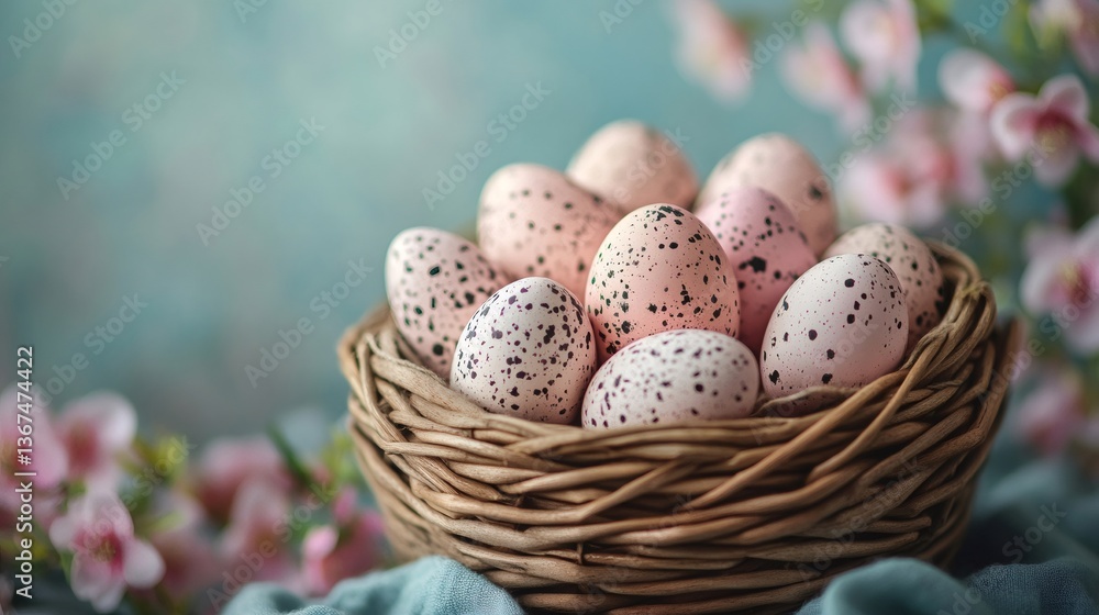 Wicker basket holding decorated pastel easter eggs and spring flowers Wicker basket holding decorated pastel easter eggs and spring flowers