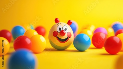 A cute clown-like ball with colorful balls on a yellow background. A funny character in the form of an egg for Easter or Christmas, with cheerful facial features and a red nose.
