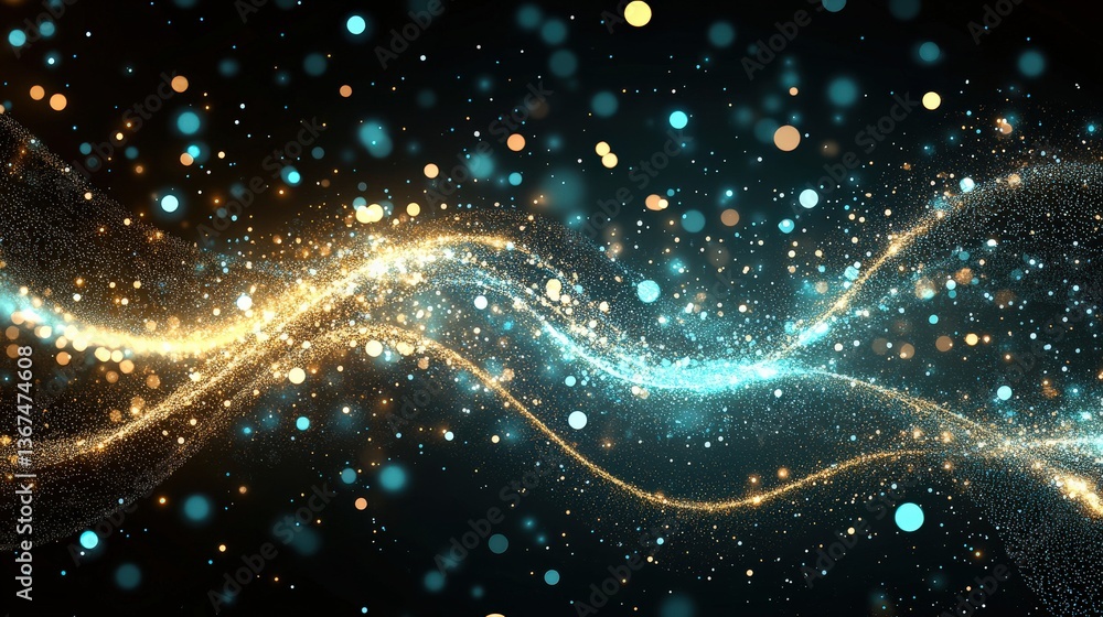 Fototapeta premium A vibrant and enchanting abstract background filled with glowing particles and waves of light in turquoise and gold, creating a mesmerizing digital artwork experience.