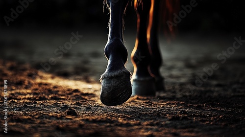 A captivating close-up of a horse's hoof striking the ground on a dusty path, beautifully capturing the grace and power of this majestic creature in motion.