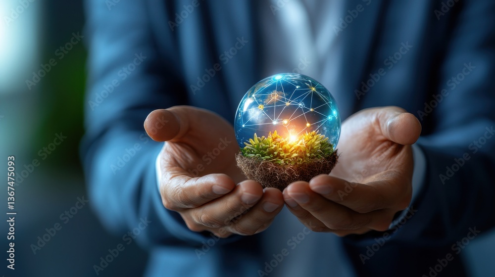 Glowing renewable energy sphere or planet Earth model cupped in the caring hands of a person symbolizing the concept of sustainability environmental protection Glowing renewable energy sphere or planet Earth model cupped in the caring hands of a person symbolizing the concept of sustainability environmental protection