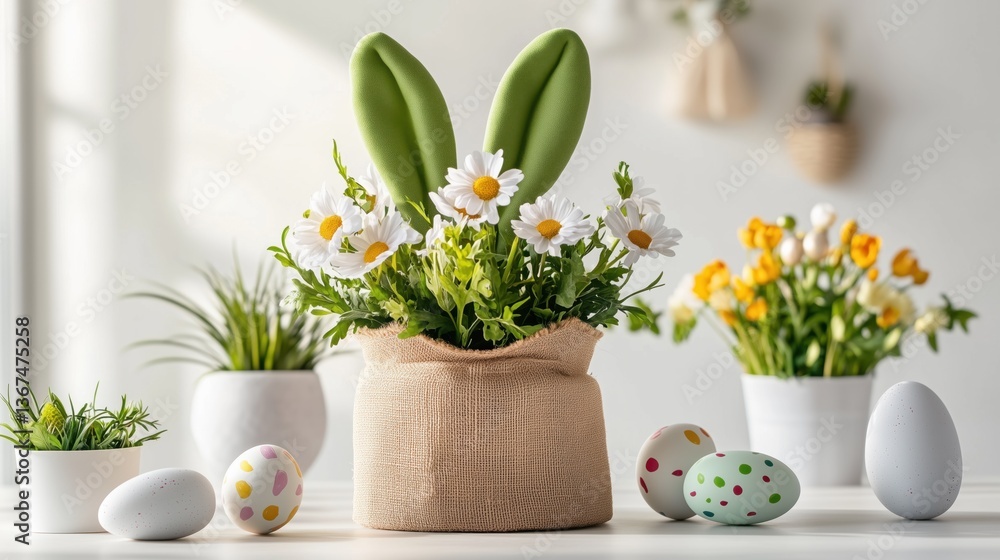 Easter home decor with bunny ears and painted eggs Easter home decor with bunny ears and painted eggs