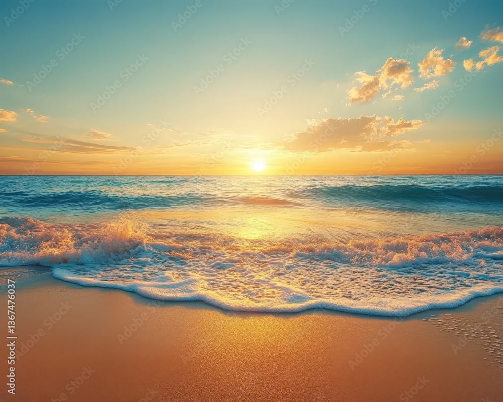 Fototapeta premium Serene tropical beach with gentle waves under a golden sunset, warm summer atmosphere, soft sand texture, perfect vacation backdrop