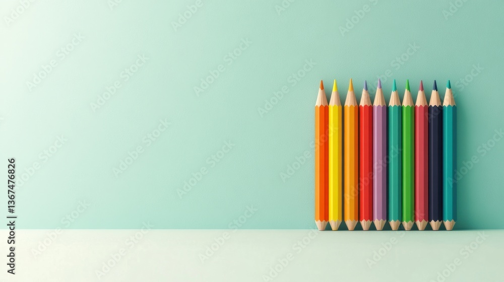 Fototapeta premium Colorful Pencils Arranged Neatly on a Surface with a Soft Blue Background for Artistic Projects and Creative Design Inspiration