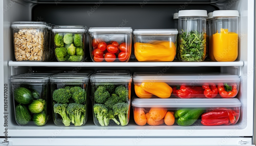 Healthy lifestyle choices for better well-being concept. Organized refrigerator filled with fresh vegetables and healthy snacks in glass containers. Healthy lifestyle choices for better well-being concept. Organized refrigerator filled with fresh vegetables and healthy snacks in glass containers.