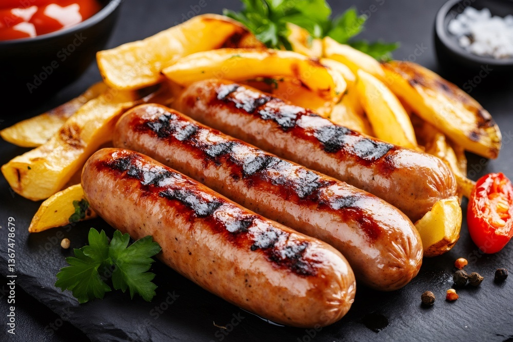 Delicious grilled sausages with roasted potato wedges and spices on black stone plate Delicious grilled sausages with roasted potato wedges and spices on black stone plate