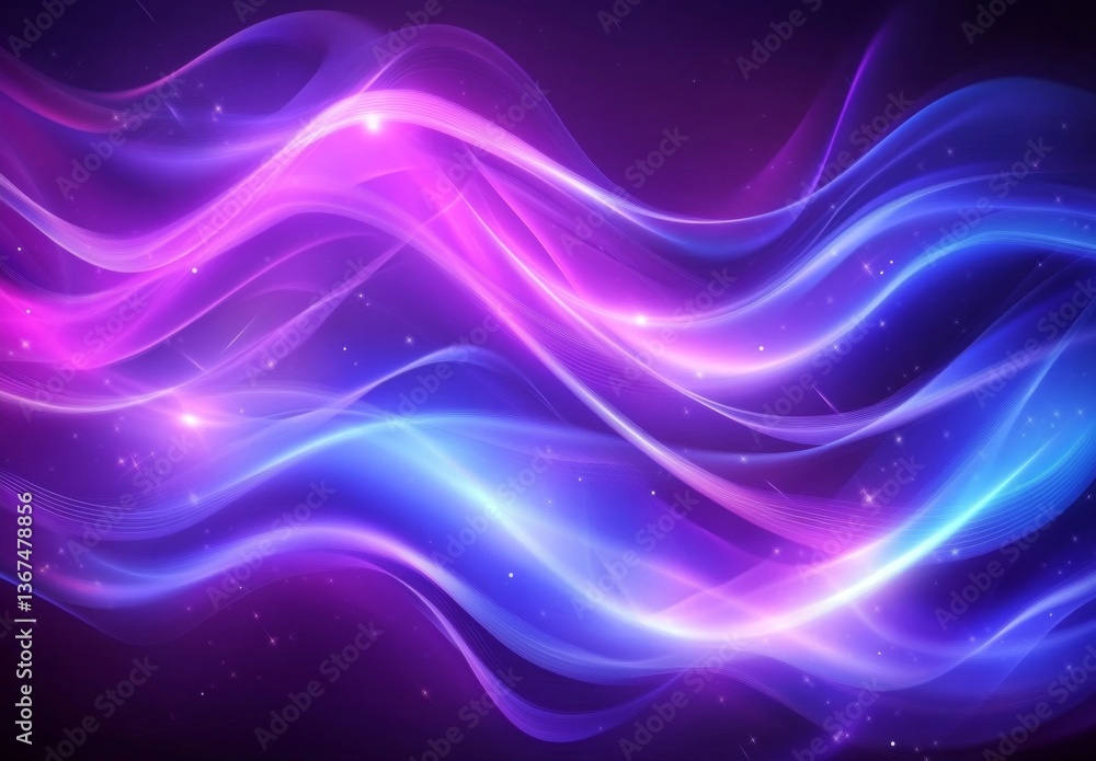 Obraz premium Abstract glowing waves in purple and blue, background with sparkling particles