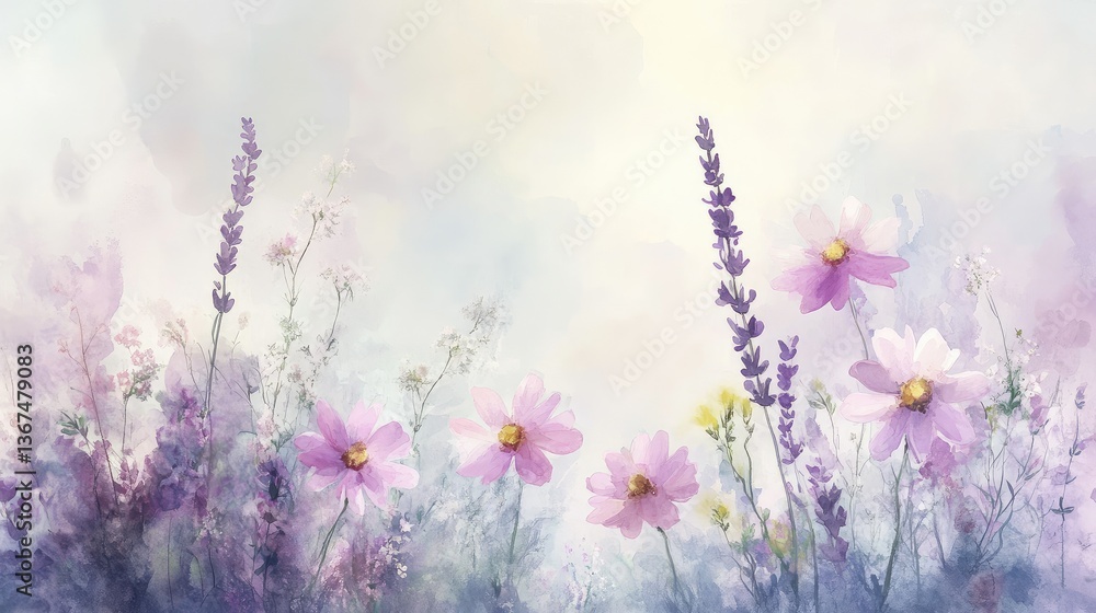 Naklejka premium Soft and flowing watercolor painting of cosmos and lavender.