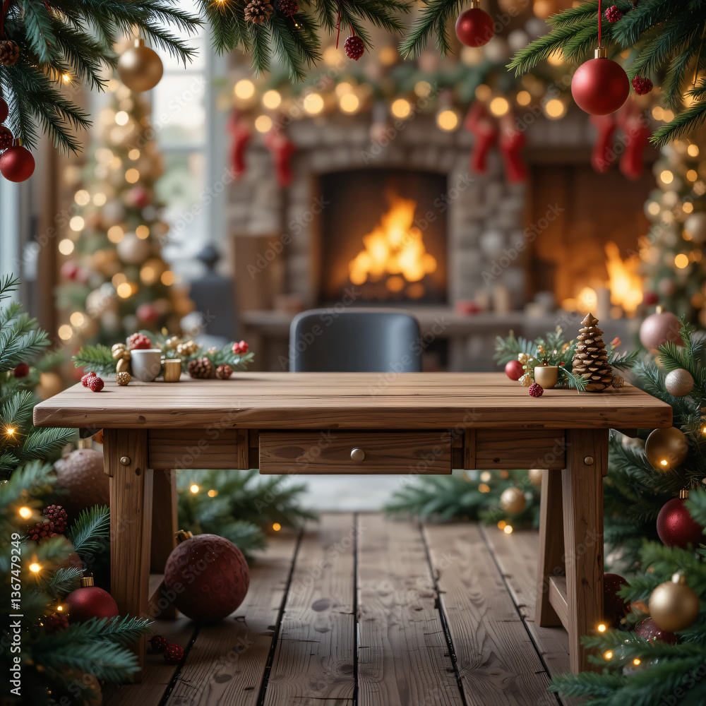 Festive Christmas Table with Fireplace in a Cozy Holiday Setting Festive Christmas Table with Fireplace in a Cozy Holiday Setting