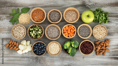 Wallpaper Mural Overhead shot of wooden bowls filled with various healthy foods on a wooden surface background Torontodigital.ca