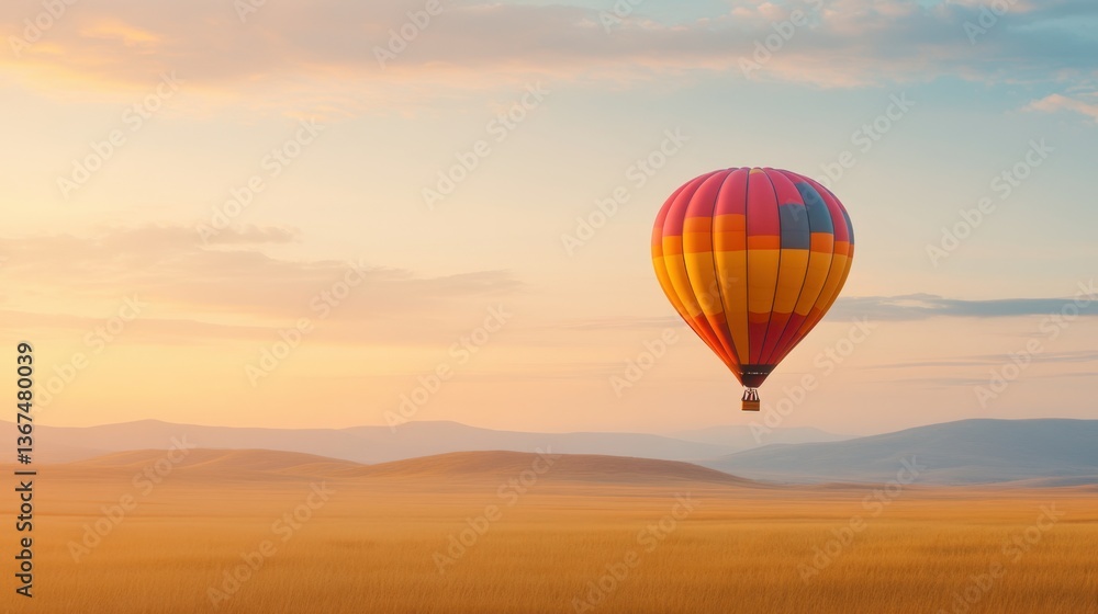 Naklejka premium Colorful hot air balloon soaring above tranquil golden fields under a vibrant sky during sunrise in a picturesque landscape of soft hills