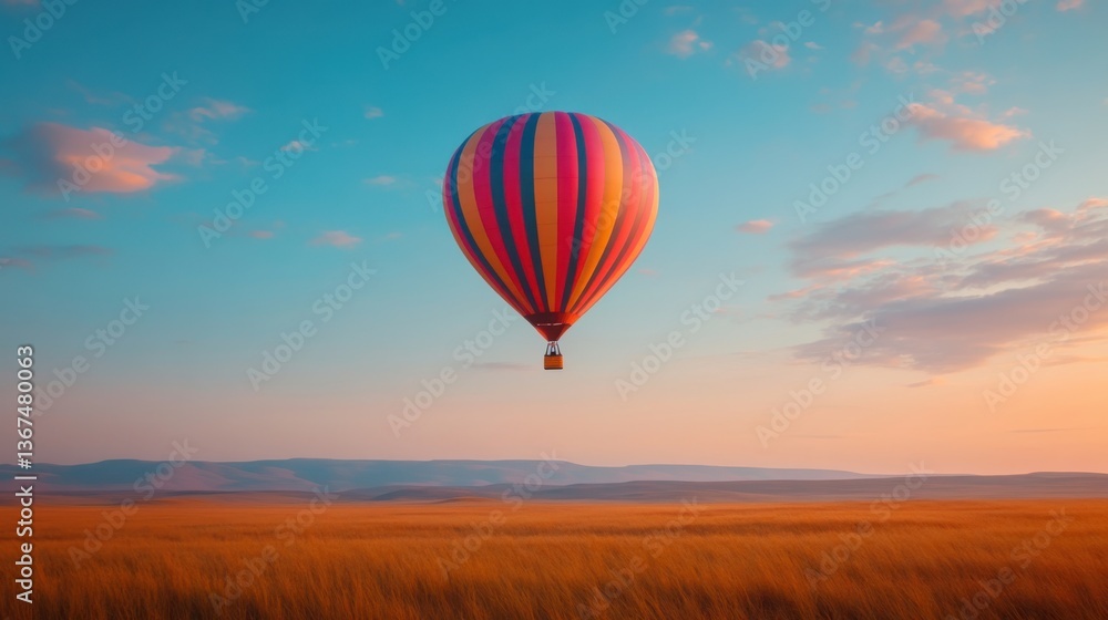 Naklejka premium Colorful hot air balloon drifting serenely over golden fields at sunset against a vibrant sky with soft clouds enhancing the tranquil scene.