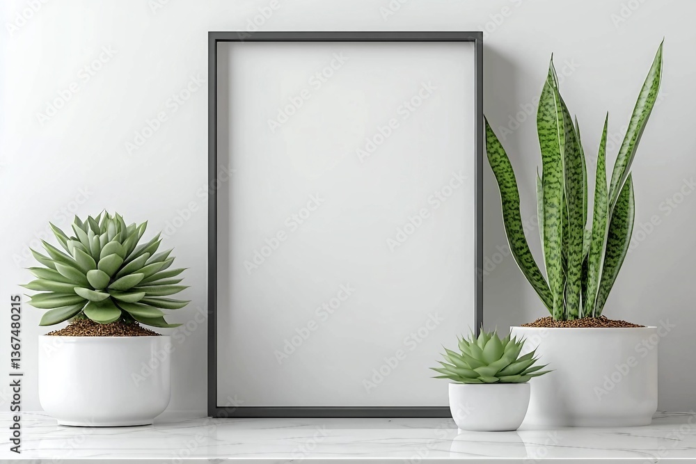 Fototapeta premium Succulent pot plant with frame mockup, 3D rendering 
