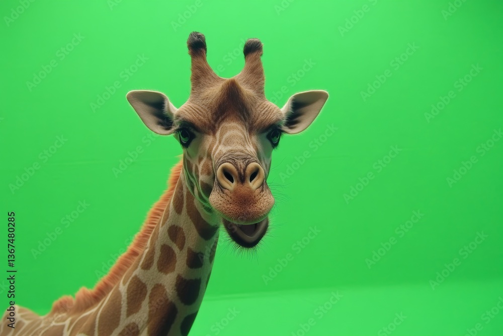 Obraz premium A Giraffe Head Facing Forward Against a Green Backdrop