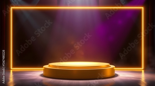 A product display image. A spotlight shines on a gold platform surrounded by a bright orange neon rectangle, on a dark background.