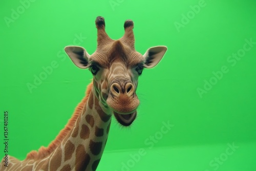 A Giraffe Head Facing Forward Against a Green Backdrop