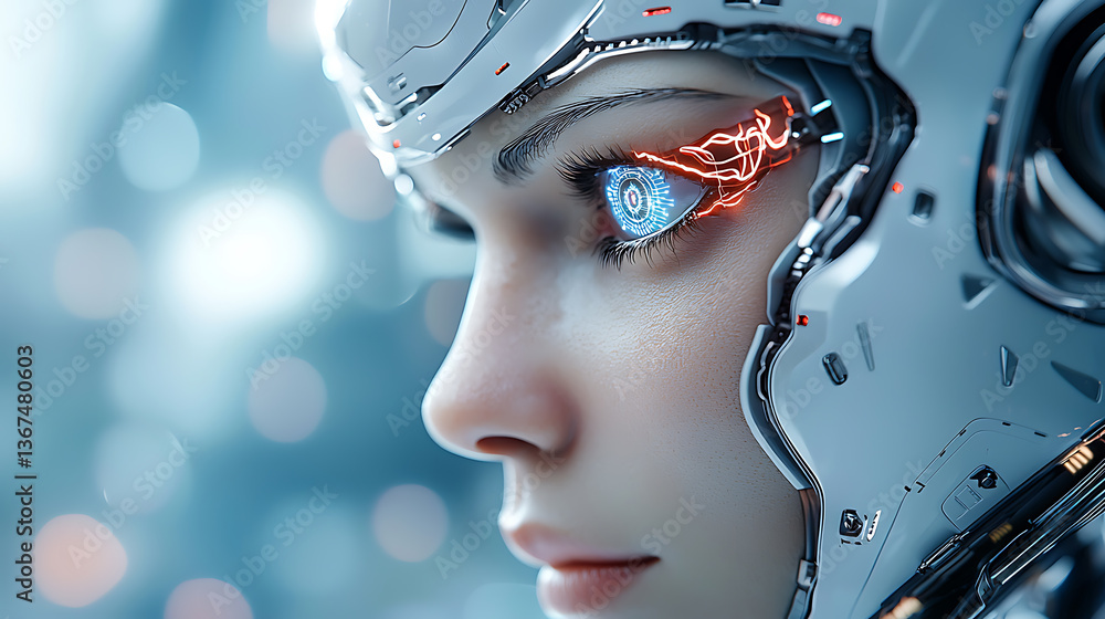 Futuristic cybernetic woman with glowing neural eye digital landscape portrait sci-fi environment close-up view advanced technology concept Futuristic cybernetic woman with glowing neural eye digital landscape portrait sci-fi environment close-up view advanced technology concept