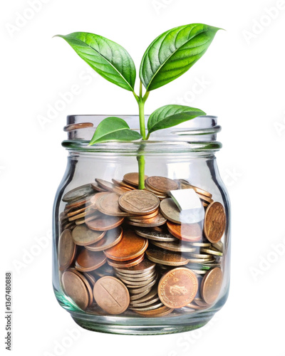 green plant growing from pile of coins in glass jar isolated on white symbolizing financial growth and sustainable investment concept
