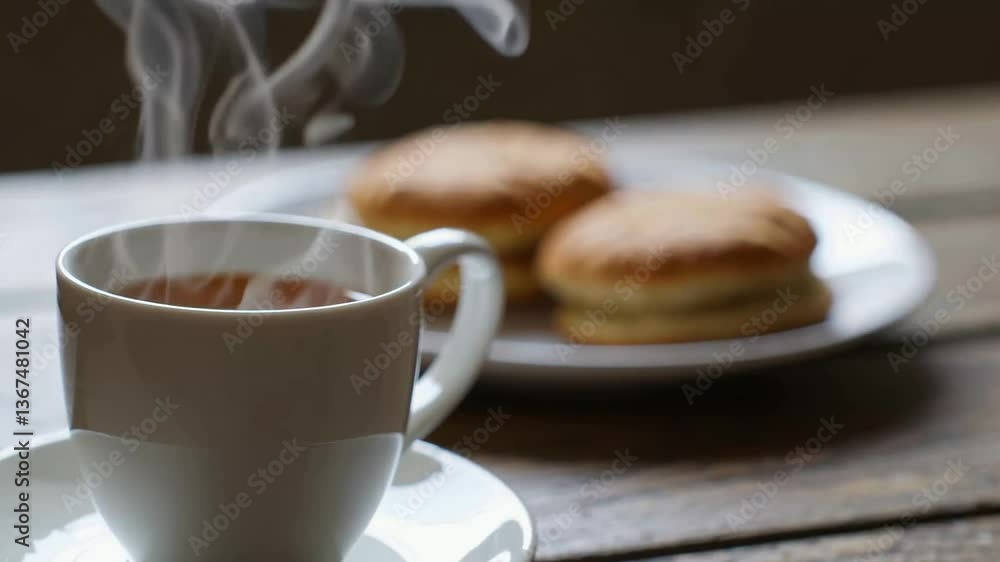 Steaming coffee cup and fresh pastries on a rustic table Steaming coffee cup and fresh pastries on a rustic table