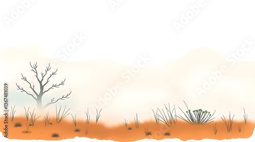 Illustration of a parched landscape. Brown, dry grass and a lone, leafless tree stand against a hazy, off-white sky.