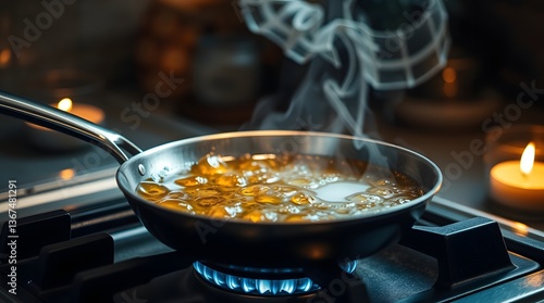 A frying pan sizzles on a gas stovetop. The pan contains oil and food, with smoke rising from the contents.