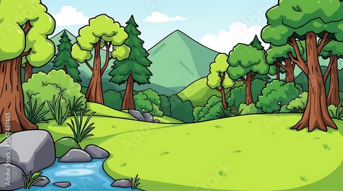 Cartoon illustration of a scenic landscape. A field of grass and a small stream run up to a lush forest with mountains in the background.