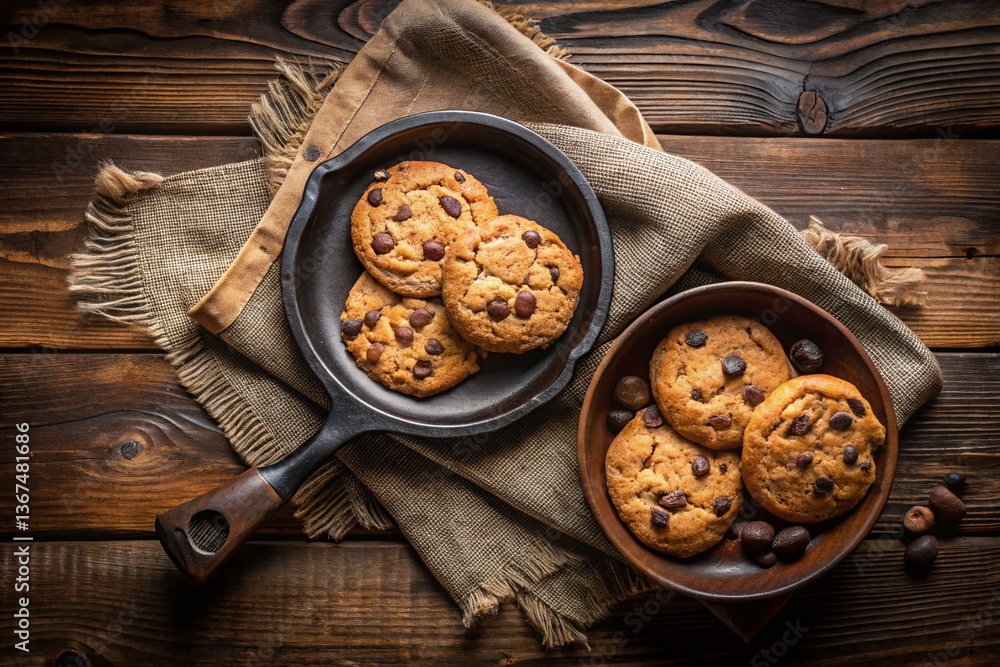 Fototapeta premium Delicious Homemade Biscuits and Chocolate Chip Cookie in Rustic Kitchen Setting - Top View